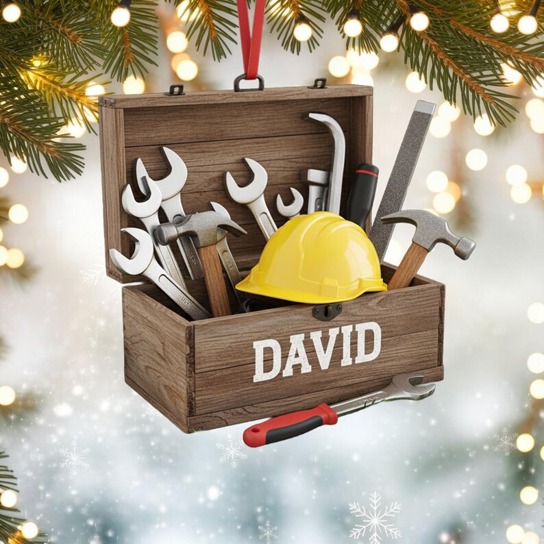 Custom Toolbox Christmas Ornament, Tree Hanging Decor, Flat 2D Acrylic, Personalized Handyman Gift for Husband Holiday Keepsake 2025