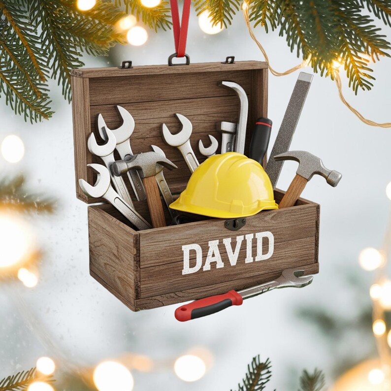 Custom Toolbox Christmas Ornament, Tree Hanging Decor, Flat 2D Acrylic, Personalized Handyman Gift for Husband Holiday Keepsake 2025