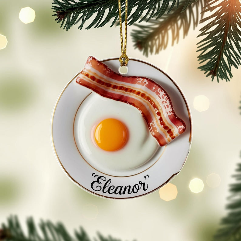 Personalized Bacon and Egg Ornament, Custom Name Breakfast Food Christmas Tree Decor, Funny Foodie Ornament Gift for Chefs and Brunch Lovers