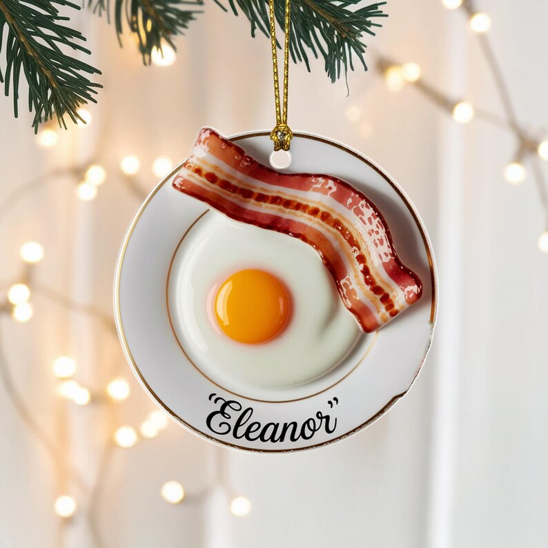 Personalized Bacon and Egg Ornament, Custom Name Breakfast Food Christmas Tree Decor, Funny Foodie Ornament Gift for Chefs and Brunch Lovers