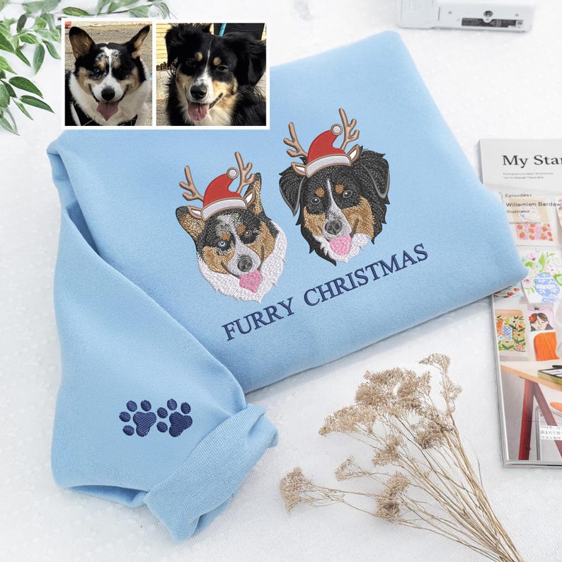 Custom Embroidered Cat Christmas Sweatshirt: Dog Santa Hat, Holiday Husky Sweatshirt for Humans, Xmas Gift