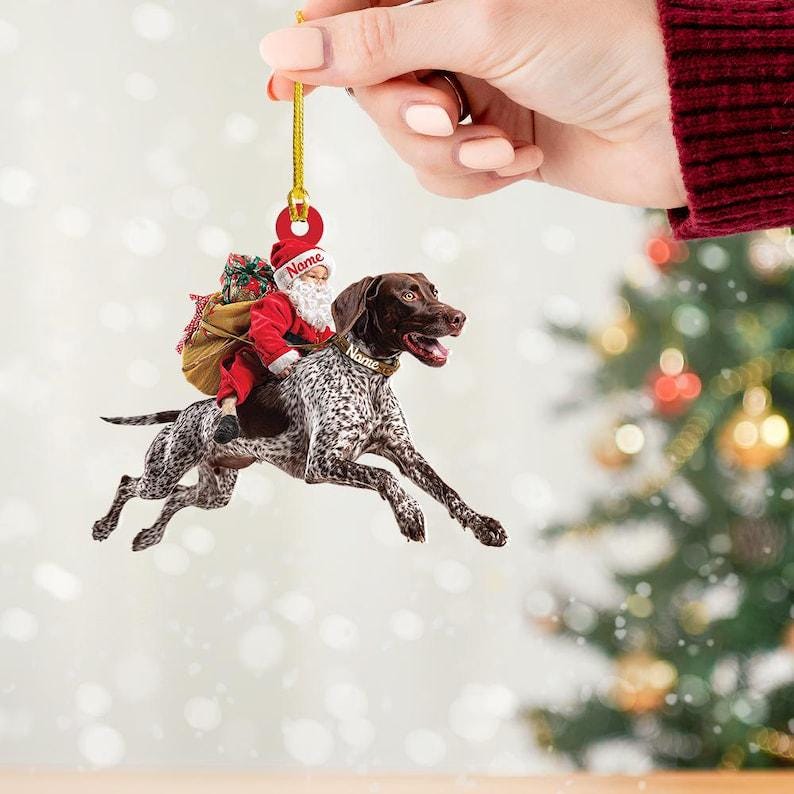 Santa Riding German Shorthaired Pointer Dog Ornament Realistic Dog Christmas Decoration, Funny Santa Claus Pet Lover Gift