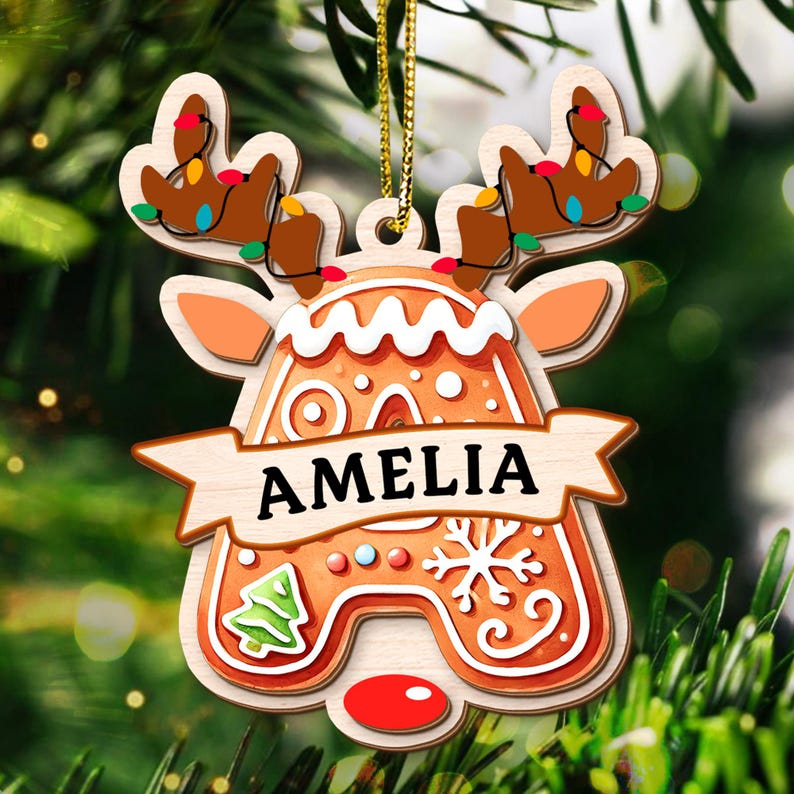 Personalized Gingerbread Letter Name Ornament: 3D Reindeer Kids Stocking Tags