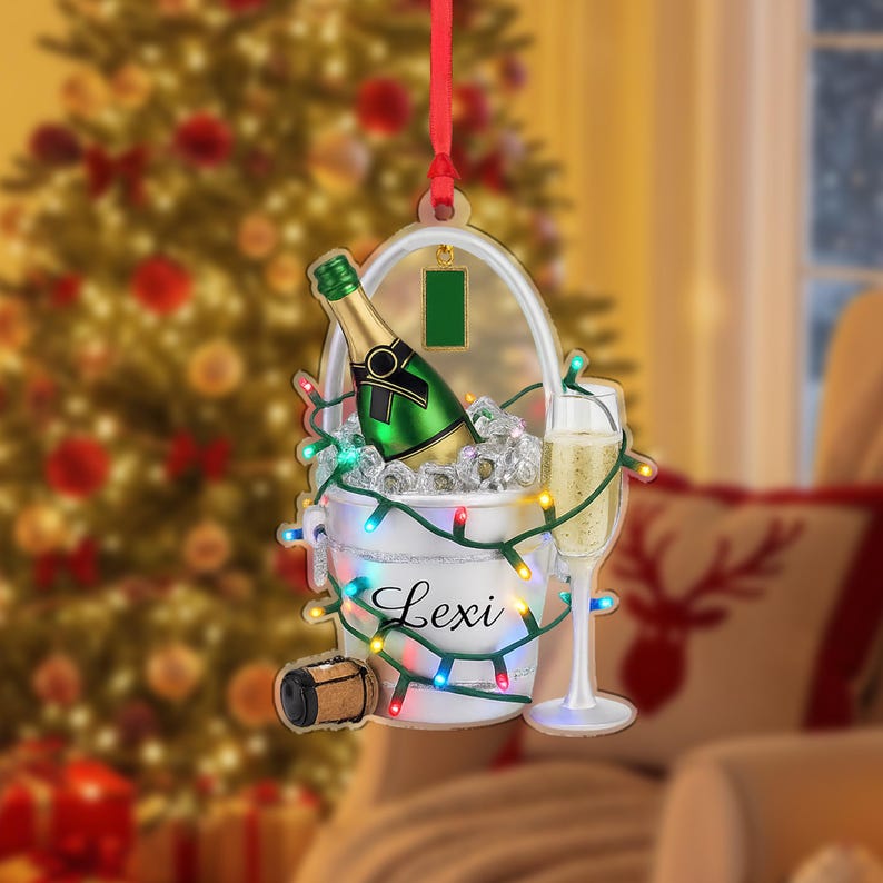 Personalized Champagne Bucket Ornament with Lights, Custom Name Acrylic Christmas Ornament, Celebration Wine Lover Gift Decoration