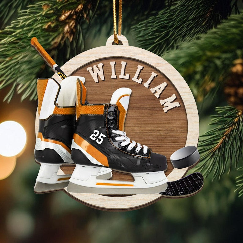 Custom Name Ice Hockey Skates Christmas Ornament, Christmas Tree Hanging Decor, Flat 2D Ornament 2 layers Wooden Gift For Hockey Lovers