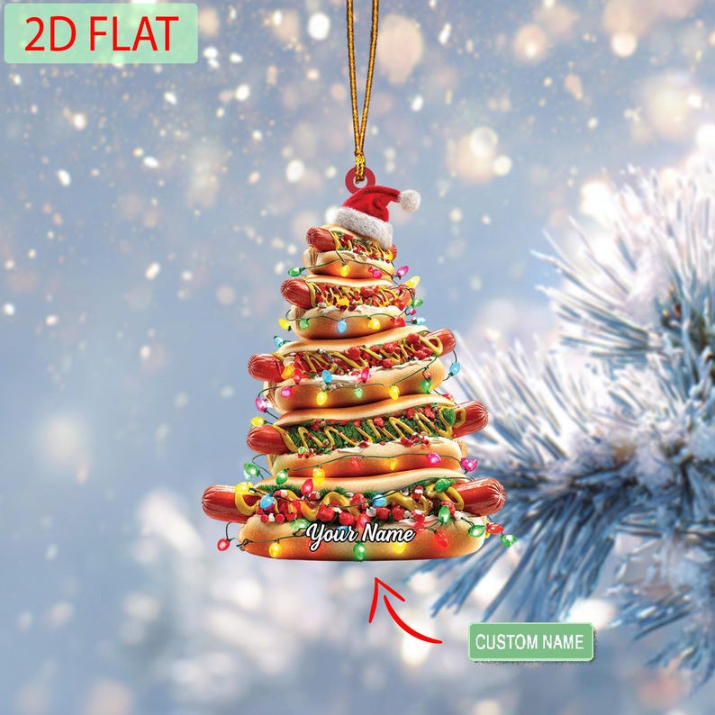 Personalized Hot Dog Ornament, Custom Name 2D Acrylic Christmas Decoration, Funny Food Lover Gift, Unique Holiday Xmas Tree Ornament