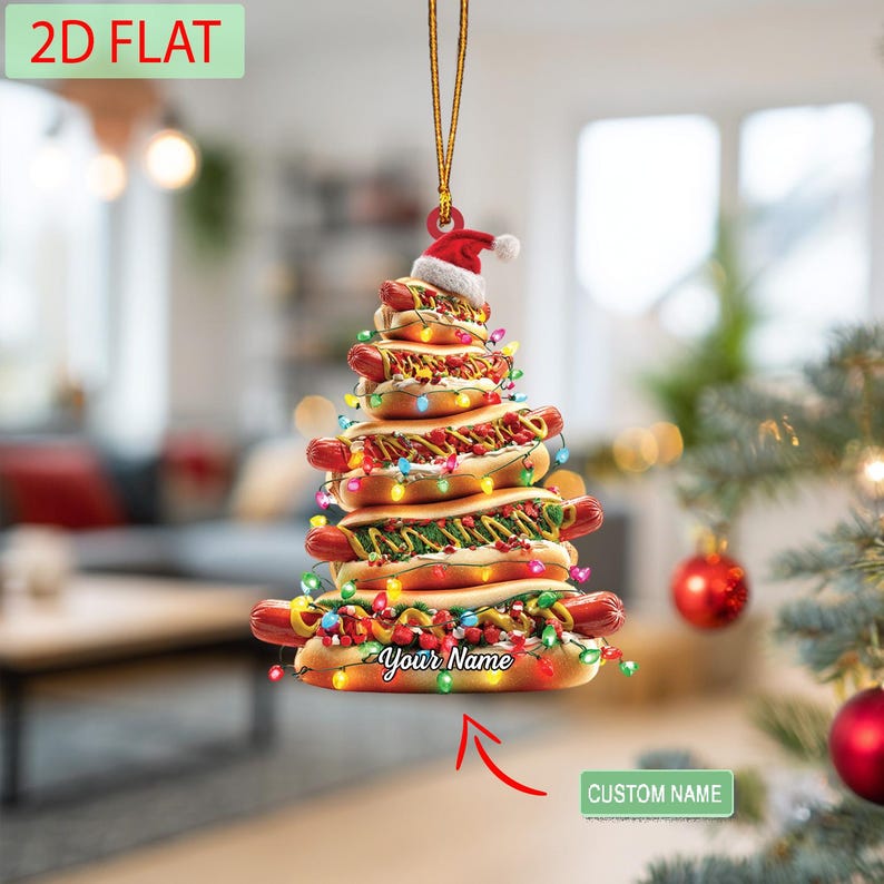 Personalized Hot Dog Ornament, Custom Name 2D Acrylic Christmas Decoration, Funny Food Lover Gift, Unique Holiday Xmas Tree Ornament