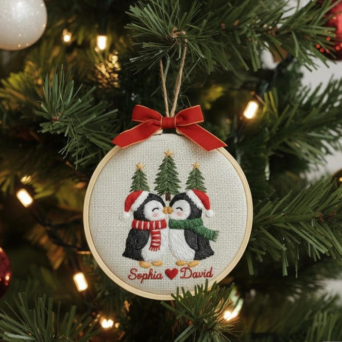 Personalized Our First Christmas Together Embroidered Ornament Custom Couple Names & Year Embroidered Penguin Holiday Keepsake