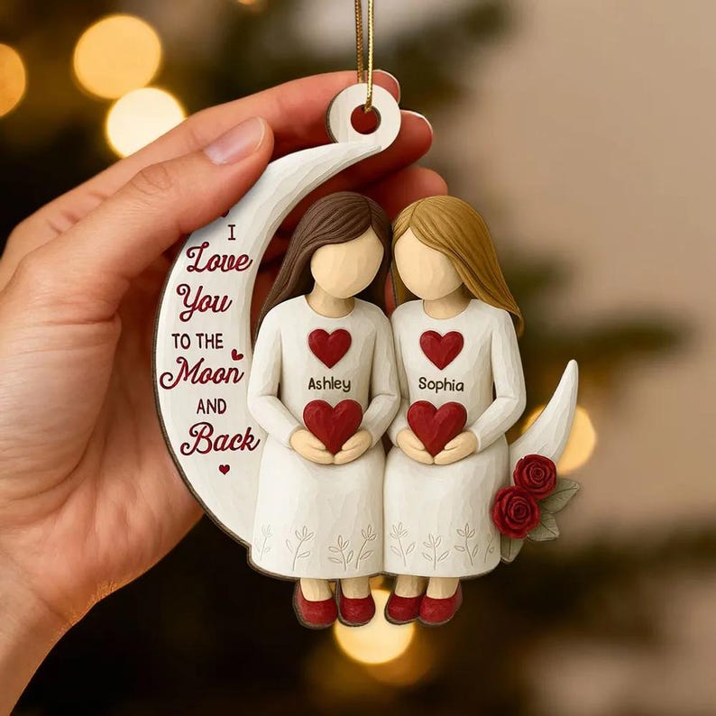 Custom Besties On Moon 3D Effect Roses Wood Ornament, Christmas Friendship Ornament, Besties Christmas Keepsake, Best Friends Home Decor