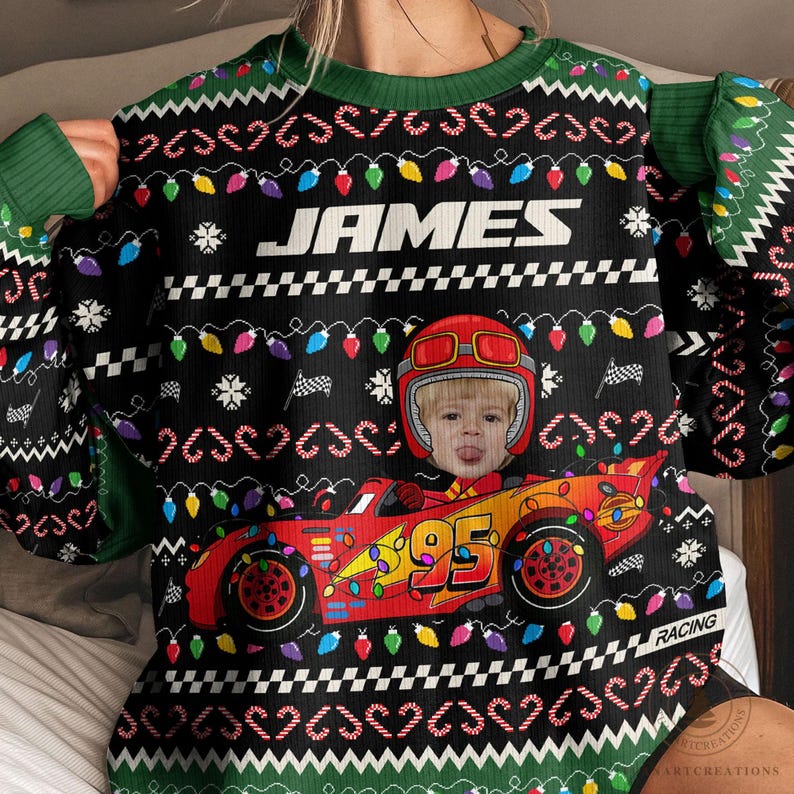 Personalized Kid Face Car Toy Photo Ugly Sweater, Custom Christmas Shirt for Kids, Fun Holiday Gift for Boys & Girls