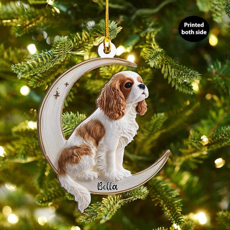 Personalized Cavalier King Charles Spaniel Dog on Moon Acrylic Ornament Flat 2D Cutout Holiday Tree Decor Gift Pet Lovers Puppy Keepsake
