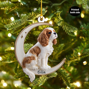 Personalized Cavalier King Charles Spaniel Dog on Moon Acrylic Ornament Flat 2D Cutout Holiday Tree Decor Gift Pet Lovers Puppy Keepsake
