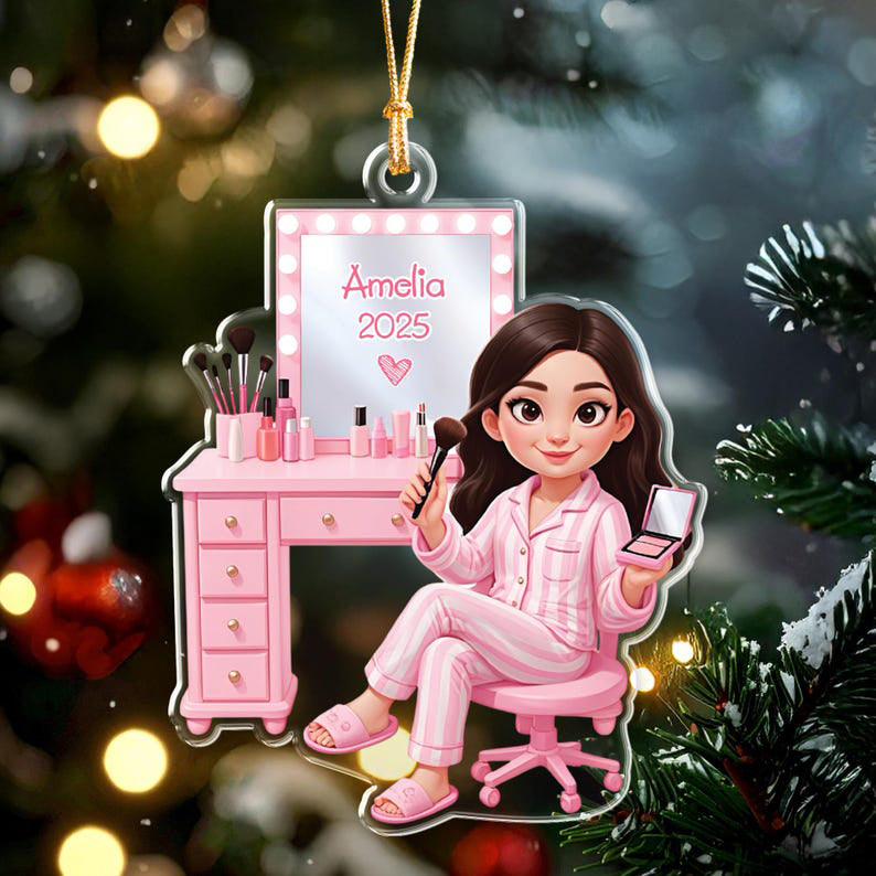 Custom Girls Makeup Table Ornament, Personalized Makeup Artist Ornament, Beauty Lover Gift, Pink Christmas Gifts, Acrylic Cosmetic Ornament
