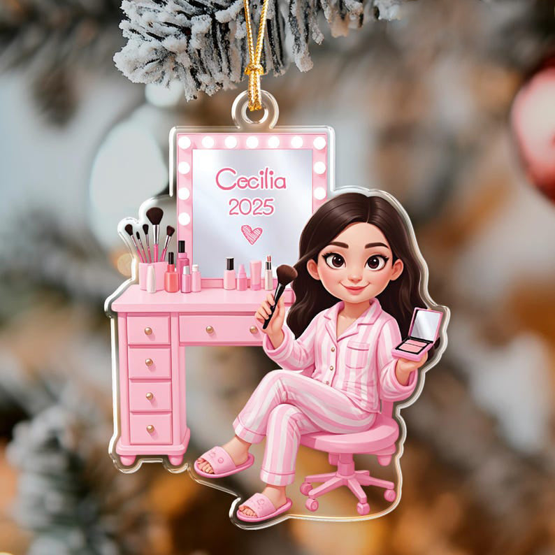 Custom Girls Makeup Table Ornament, Personalized Makeup Artist Ornament, Beauty Lover Gift, Pink Christmas Gifts, Acrylic Cosmetic Ornament