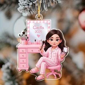 Custom Girls Makeup Table Ornament, Personalized Makeup Artist Ornament, Beauty Lover Gift, Pink Christmas Gifts, Acrylic Cosmetic Ornament