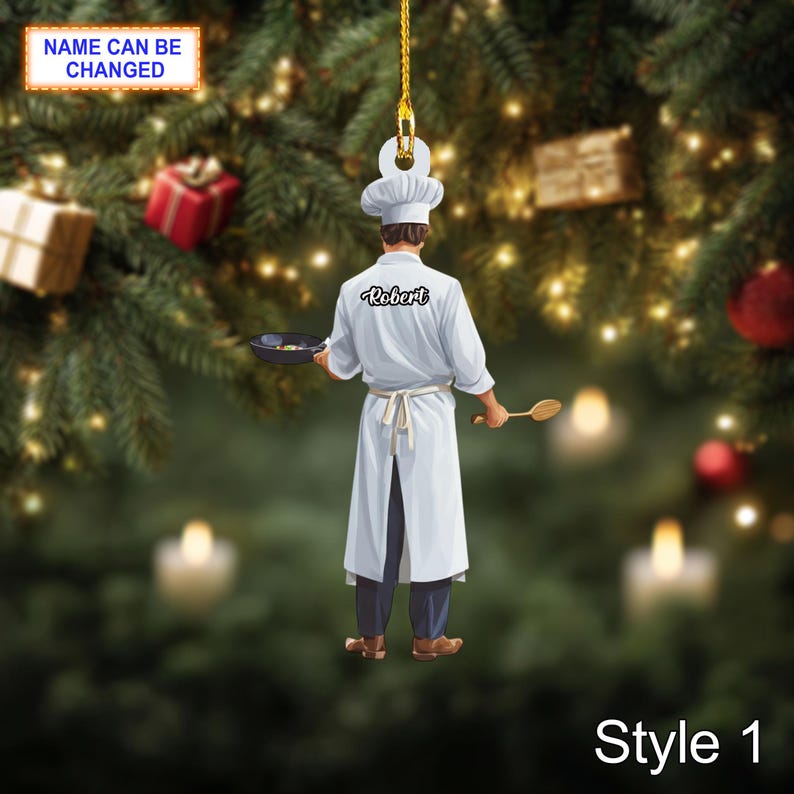 Custom Name Chef Christmas Ornament, Holiday Tree Hanging Decor, 2D Flat Acrylic Wooden Ornament, Unique Chef Gift, Festive Kitchen Decor