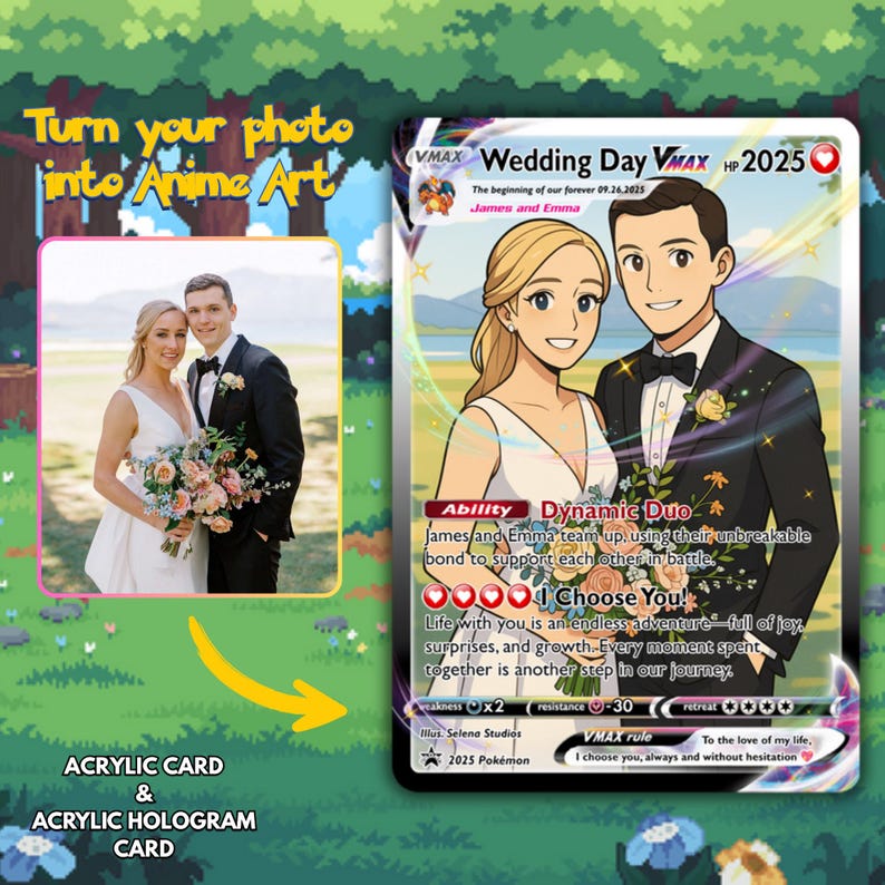 Personalized Anniversary Card, Custom Couples PKM Cards, Couple Anniversary Gift, Anime Wedding Gift, Gift for Him or Her, Birthday Gift