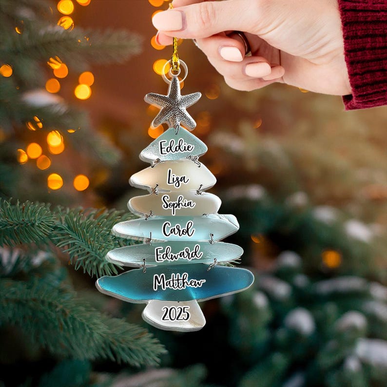 Personalized Family Sea Glass 2D FLAT Christmas Tree Ornament, Custom Name Ocean Style Family Keepsake, Holiday Gift For Beach Lovers