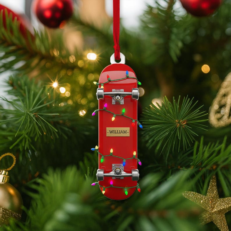 CUSTOMIZABLE Skateboard Christmas Ornament, PERSONALIZABLE Red Skater Decoration, Holiday Gift for Teens, Kids, Friends, Family, Coworkers