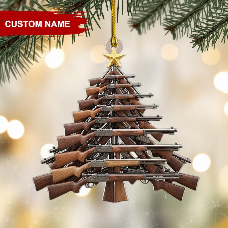Hunting Rifle Tree Christmas Ornament, Rustic Gun-Themed Tree Hanging Decor with Star Topper, Flat 2D Acrylic Gift for Hunters