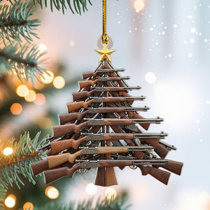 Hunting Rifle Tree Christmas Ornament, Rustic Gun-Themed Tree Hanging Decor with Star Topper, Flat 2D Acrylic Gift for Hunters