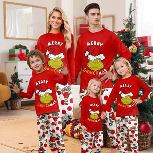 Merry Grinchmas Family Matching Christmas Pajamas Red and White Holiday Sleepwear for Adults, Kids, Baby, Pet, Funny Grinch Xmas PJs Set