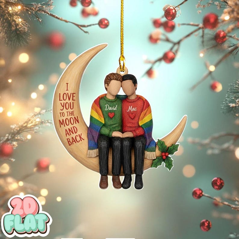 Custom LGBT Couple Christmas 2D FLAT Ornament, Personalized Gay Couple Moon Ornament, 2D Flat Custom Name Holiday Decor, Love You Gift