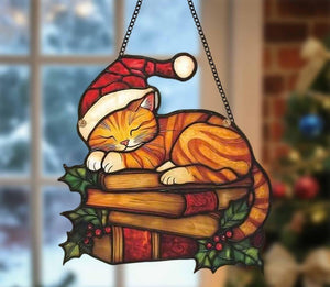 Santa Cat Christmas Acrylic Suncatcher: Cozy Holiday Window Decor