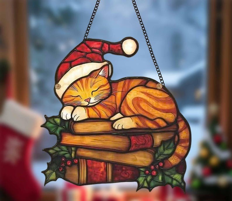Santa Cat Christmas Acrylic Suncatcher: Cozy Holiday Window Decor