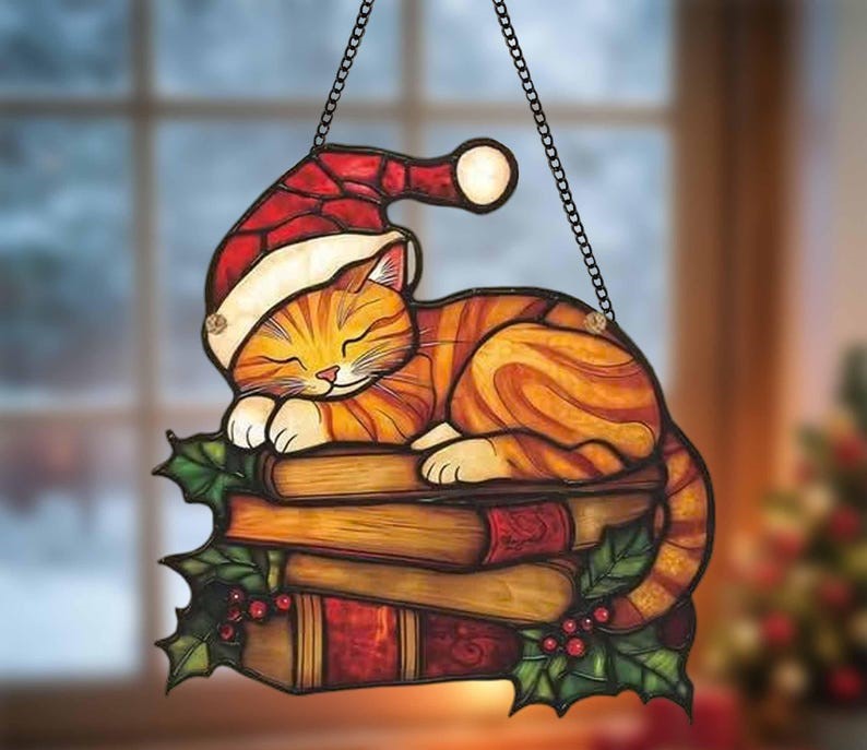Santa Cat Christmas Acrylic Suncatcher: Cozy Holiday Window Decor