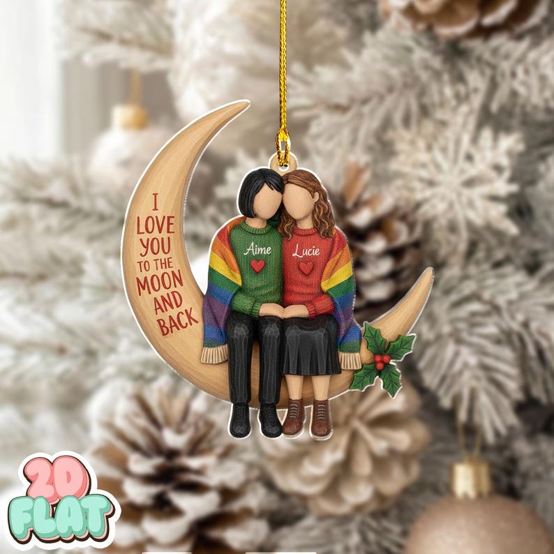 Personalized Lesbian Couple Moon Ornament, LGBT Couple Christmas Ornament, 2D Flat Custom Name Holiday Decor, Love You Gift, Couple Gift