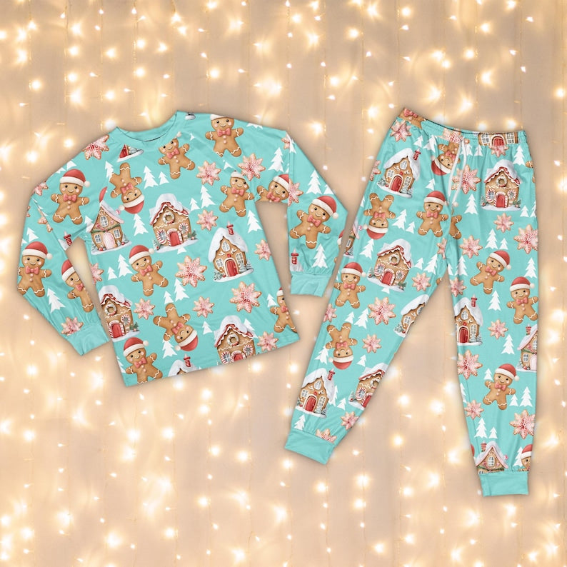 Cute Gingerbread Cookie Christmas Pajamas Set, Boy And Girl Gingerbread Christmas Long Sleeve Pajama Set, Matching Family Christmas Pajamas