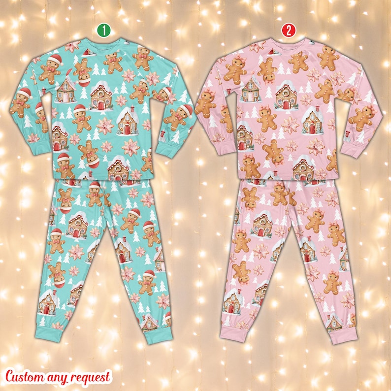 Cute Gingerbread Cookie Christmas Pajamas Set, Boy And Girl Gingerbread Christmas Long Sleeve Pajama Set, Matching Family Christmas Pajamas