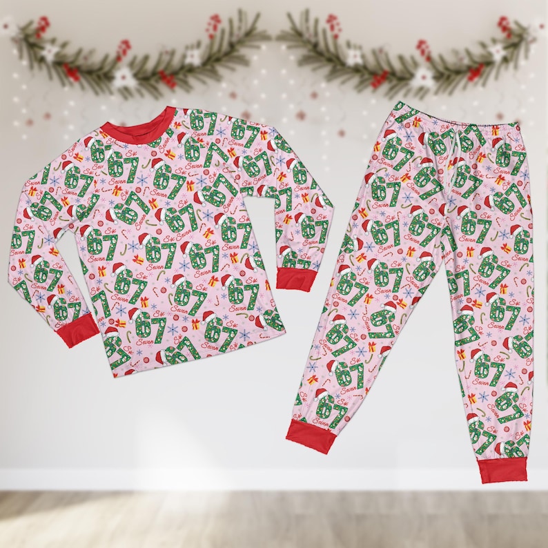 Funny Six Seven Meme Christmas Pajamas Set, Trending 67 Matching Long Sleeve Pajamas, Kid Christmas Costume, Santa Says Six Seven Gift
