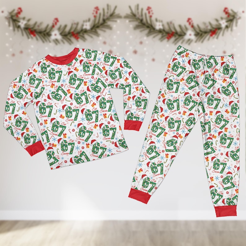 Funny Six Seven Meme Christmas Pajamas Set, Trending 67 Matching Long Sleeve Pajamas, Kid Christmas Costume, Santa Says Six Seven Gift