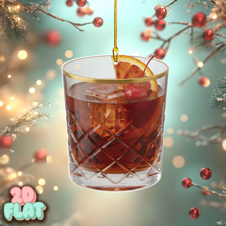 Old Fashioned Cocktail 2D FLAT Ornament, Whiskey Lover Gift, Bourbon Christmas Decor,Bar Themed Ornament for Men, 2D Flat Ornament,Xmas Tree