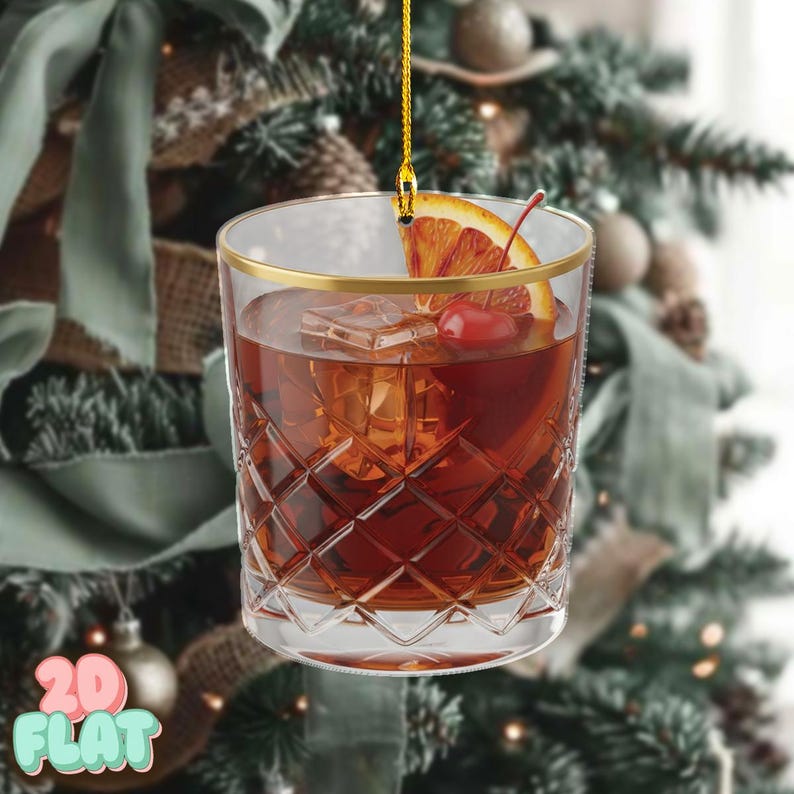 Old Fashioned Cocktail 2D FLAT Ornament, Whiskey Lover Gift, Bourbon Christmas Decor,Bar Themed Ornament for Men, 2D Flat Ornament,Xmas Tree