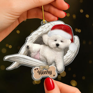 Personalized Bichon Frise Sleeping Angel Christmas Ornament, Custom Dog with Santa Hat Christmas Decoration, Pet Memorial Gift