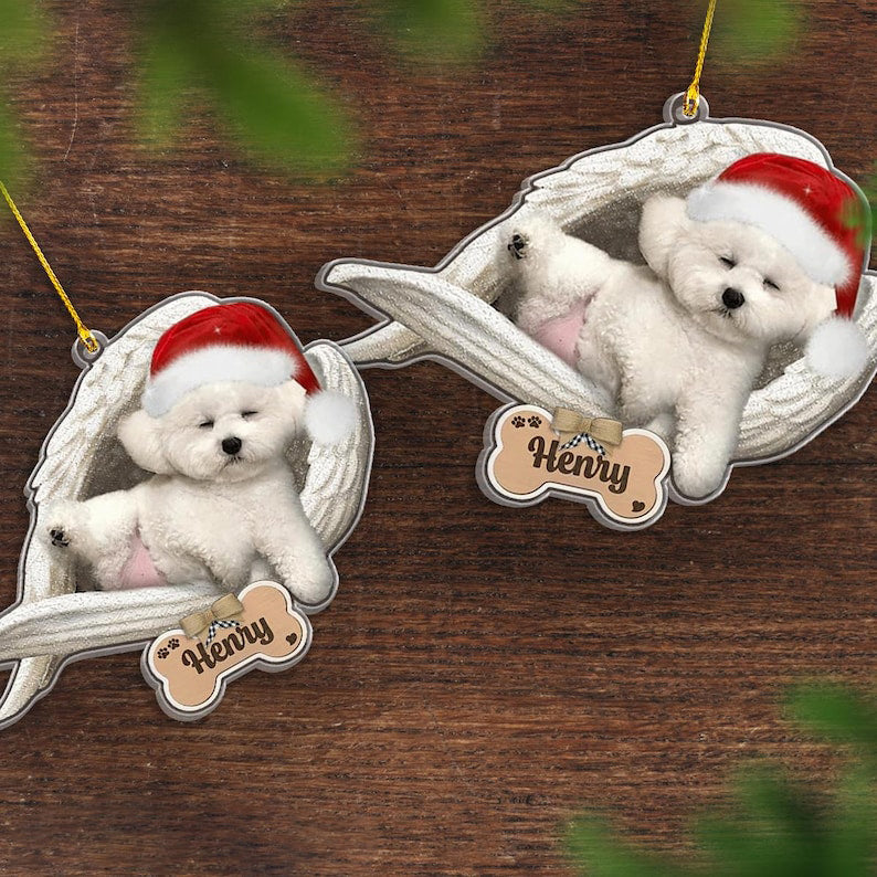 Personalized Bichon Frise Sleeping Angel Christmas Ornament, Custom Dog with Santa Hat Christmas Decoration, Pet Memorial Gift