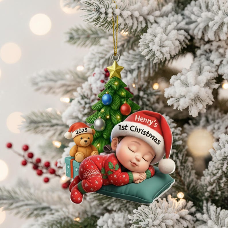 Baby s First Christmas Ornament, Personalized Acrylic Bauble, Sleeping Baby in Xmas Pajamas