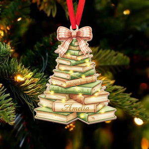 Personalized Book Tree Ornament Custom Name Wooden Christmas Decoration for Book Lovers, Teacher Gift, Reading Lover Holiday Ornament