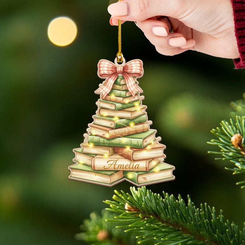Personalized Book Tree Ornament Custom Name Wooden Christmas Decoration for Book Lovers, Teacher Gift, Reading Lover Holiday Ornament