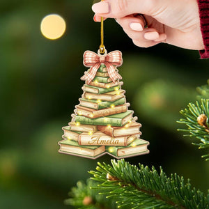 Personalized Book Tree Ornament Custom Name Wooden Christmas Decoration for Book Lovers, Teacher Gift, Reading Lover Holiday Ornament