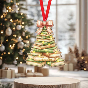 Personalized Book Tree Ornament Custom Name Wooden Christmas Decoration for Book Lovers, Teacher Gift, Reading Lover Holiday Ornament