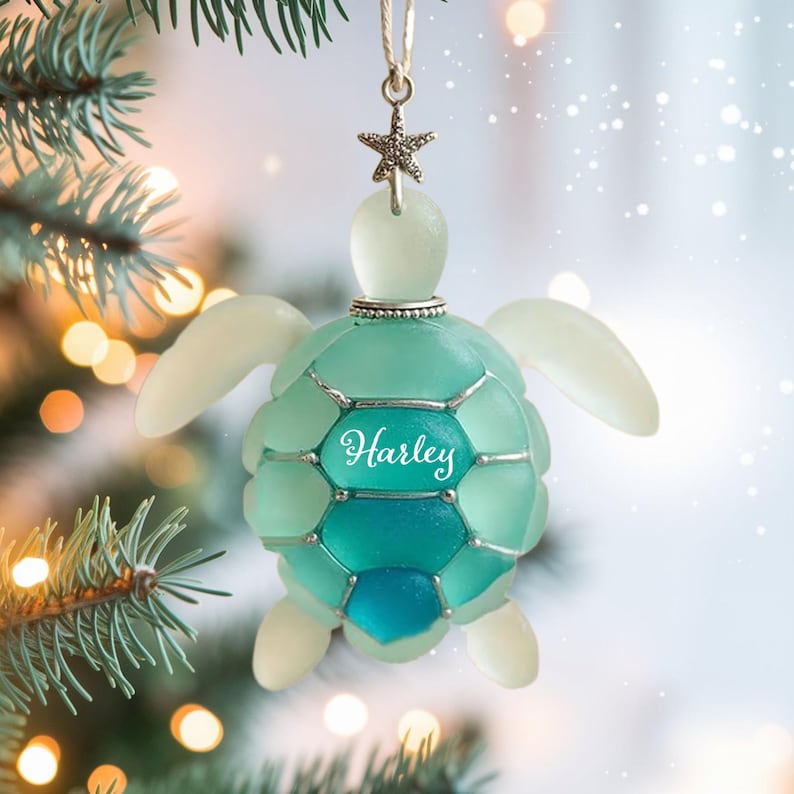 Sea Turtle Christmas Ornament, Opalescent Faux Stained Glass Tree Hanging Decor, Personalized Ocean Gift for Beach Lovers