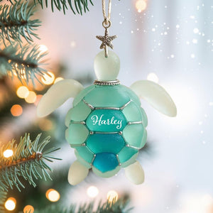 Sea Turtle Christmas Ornament, Opalescent Faux Stained Glass Tree Hanging Decor, Personalized Ocean Gift for Beach Lovers
