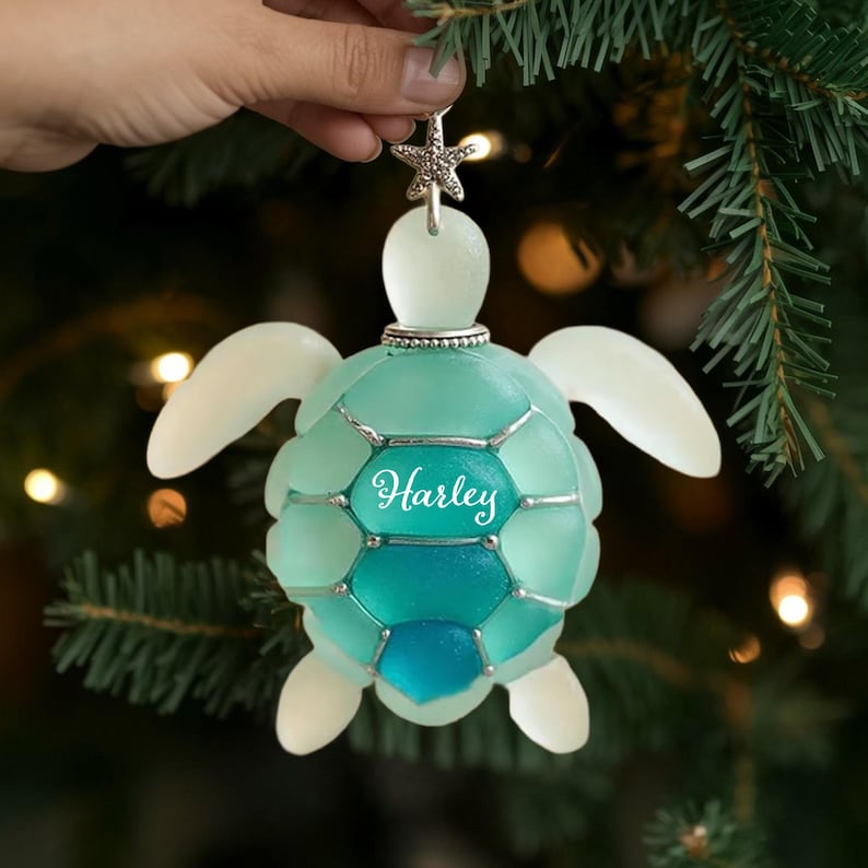 Sea Turtle Christmas Ornament, Opalescent Faux Stained Glass Tree Hanging Decor, Personalized Ocean Gift for Beach Lovers