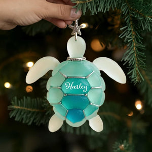 Sea Turtle Christmas Ornament, Opalescent Faux Stained Glass Tree Hanging Decor, Personalized Ocean Gift for Beach Lovers