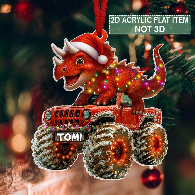 Custom Dinosaur Christmas Ornament, Monster Truck Ornament,Boys Dino Christmas Ornament,Baby Boy Christmas Present,Christmas Gift For Child