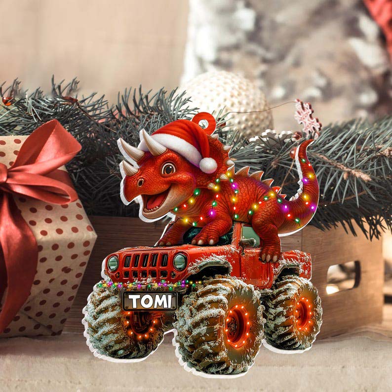 Custom Dinosaur Christmas Ornament, Monster Truck Ornament,Boys Dino Christmas Ornament,Baby Boy Christmas Present,Christmas Gift For Child